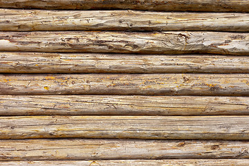 Image showing Wooden logs wall of rural house background