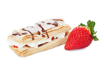 Image showing Dessert with whipped cream, chocolate and strawberry