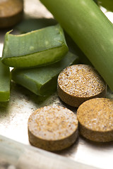 Image showing aloe vera plant with pills - herbal medicine