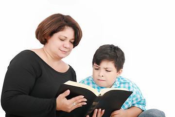 Image showing mom and son reading the Bible.