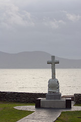 Image showing A celtic cross in front of a Irish scenery