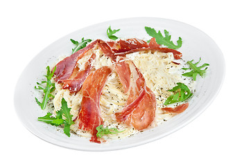 Image showing Appetizing noodles with bacon and cheese