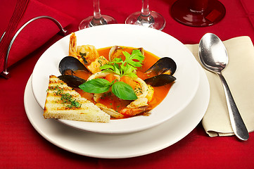 Image showing Tasty soup on a table at restaurant...