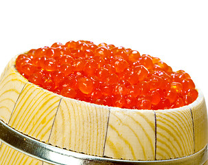 Image showing Keg of red caviar on the white