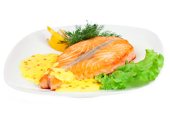 Image showing Tasty fillet of a salmon on a white