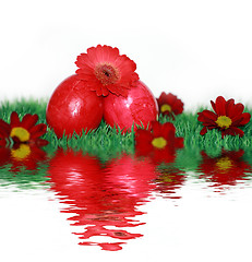 Image showing Red Easter eggs and red flowers