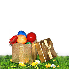 Image showing Easter eggs in a gold gift box