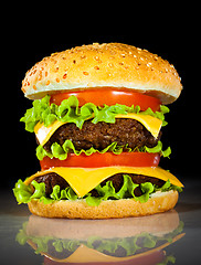 Image showing Tasty and appetizing hamburger on a dark