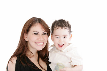 Image showing Bright picture of happy mother and little son over white 