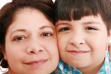 Image showing Close-up portrait of a smiling young mother and little son