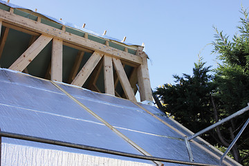 Image showing construction of the wooden frame of a roof