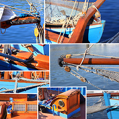 Image showing mixed collage of details of an old sailboat