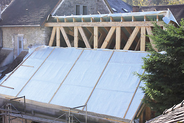 Image showing construction of the wooden frame of a roof