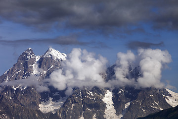 Image showing Mt. Ushba in clouds, Caucasus Mountains, Georgia, Svaneti.