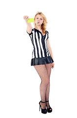 Image showing Sexy Soccer Referee with yellow card