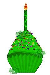 Image showing St Patricks Day Cupcake with Candle and Colorful Sprinkles