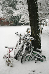 Image showing Bicycles in the snow