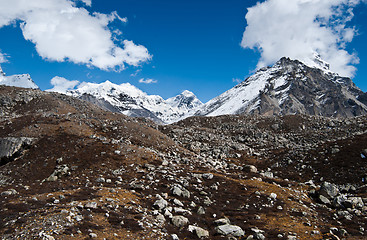 Image showing Peaks and moraine near Gokyo in Himalayas