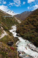 Image showing Himalaya landscape: peak, river and highland village