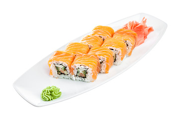 Image showing Sushi (Roll unagi maki syake) on a white background