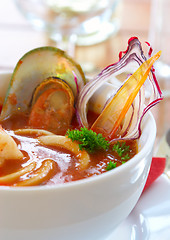 Image showing Tasty soup on a table at restaurant