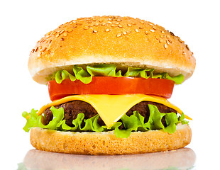 Image showing Tasty and appetizing hamburger on a white