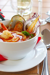 Image showing Tasty soup on a table at restaurant