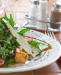 Image showing Fresh salad with a tomato, cheese and the fried meat