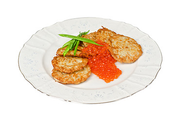 Image showing pancakes with red caviar