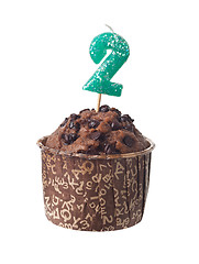 Image showing Chocolate muffin with birthday candle for two year old