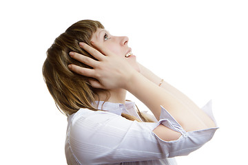 Image showing young girl looks up in horror