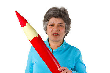Image showing Female senior with red pencil