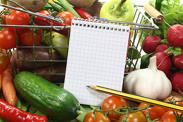 Image showing shopping list with basket and fresh vegetables