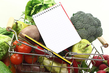 Image showing shopping list with pencil, basket and fresh vegetables