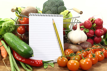 Image showing shopping list with basket and vegetables