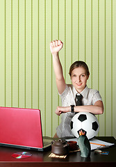 Image showing businesswoman watching soccer competitions