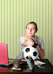 Image showing businesswoman watching soccer competitions