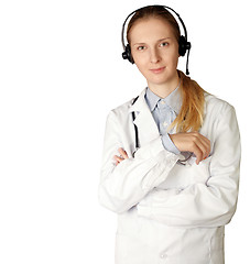 Image showing doctor woman with headphones smile at camera