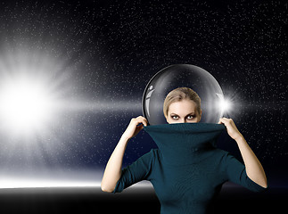 Image showing fashion ninja woman in space with glass space-suit