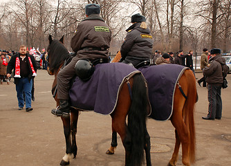 Image showing Mounted Police Officers Before Soccer Game