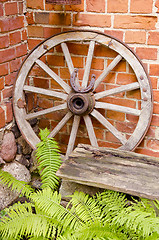 Image showing Antique wooden carriage wheel.