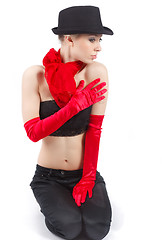 Image showing Red gloves and black hat.