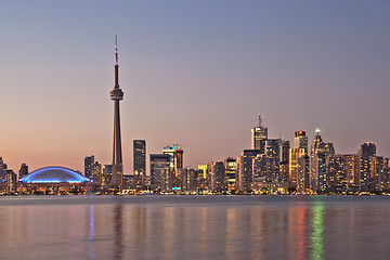 Image showing Toronto night skyline CN Tower downtown skyscrapers sunset Canad