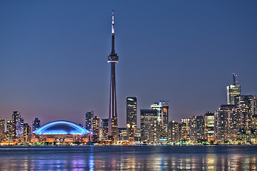 Image showing Toronto night skyline CN Tower downtown skyscrapers sunset Canad