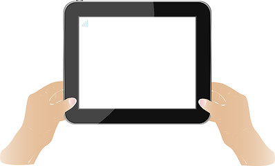 Image showing Hands holding touch screen tablet pc with blanc screen