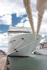 Image showing front of a cruise ship docked at a port in Norway