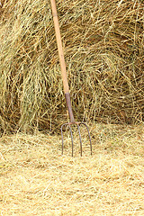 Image showing pitchfork standing on a pile of straw