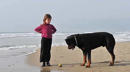 Image showing child and dog on the beach