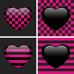 Image showing Set of Four Glossy Emo Hearts. Pink and Black Chess and Stripes