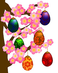 Image showing Flowering Cherry Blossom Tree with Easter Eggs